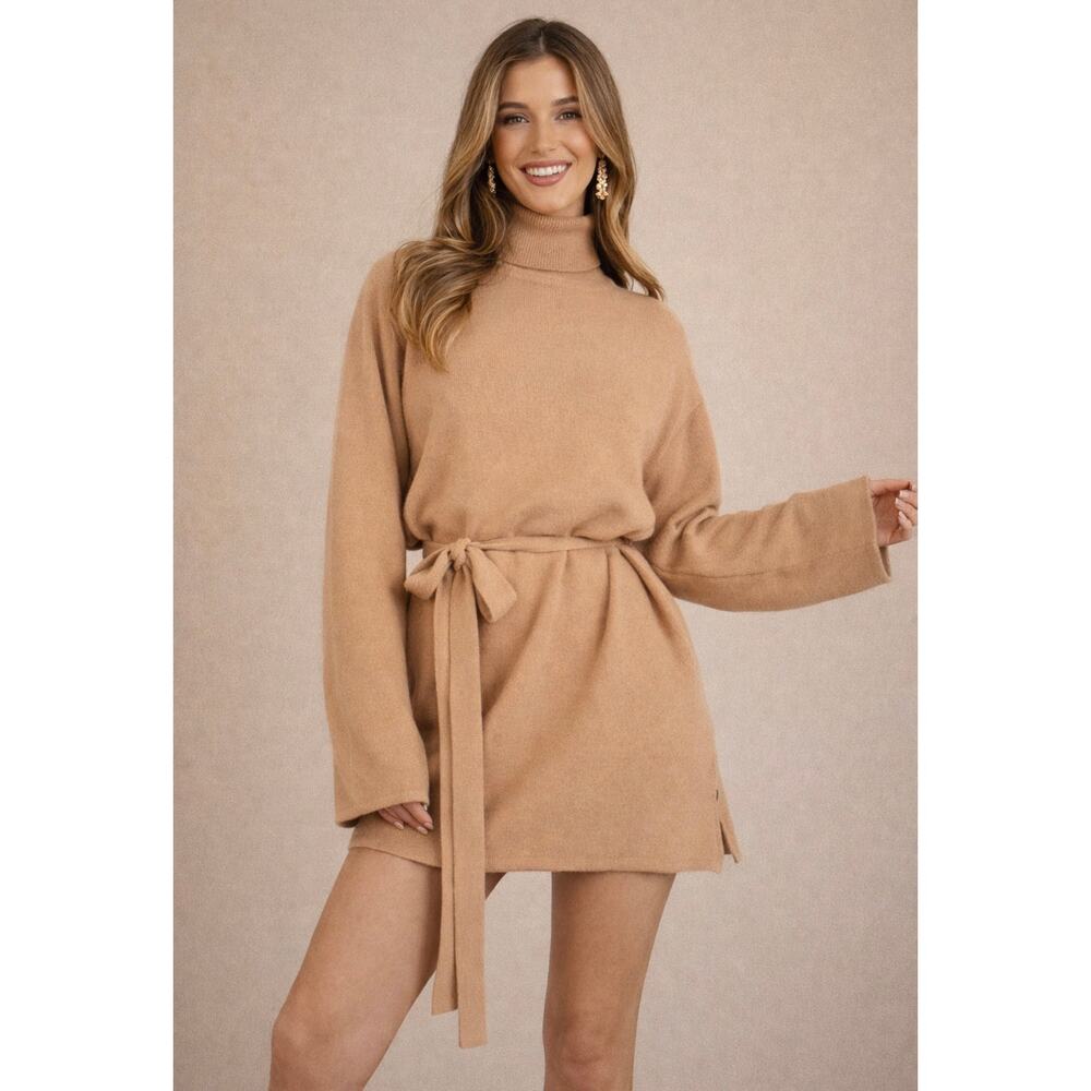 Kittenish Neutral Territory Oversized Ribbed Tan Mini Sweather Dress Size XS